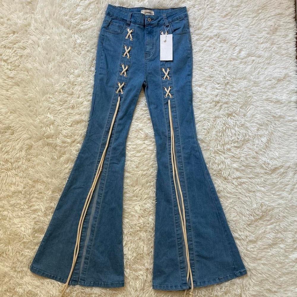 NWT 70s Retro Glam Blue denim flare jeans with lace up detail rockstar